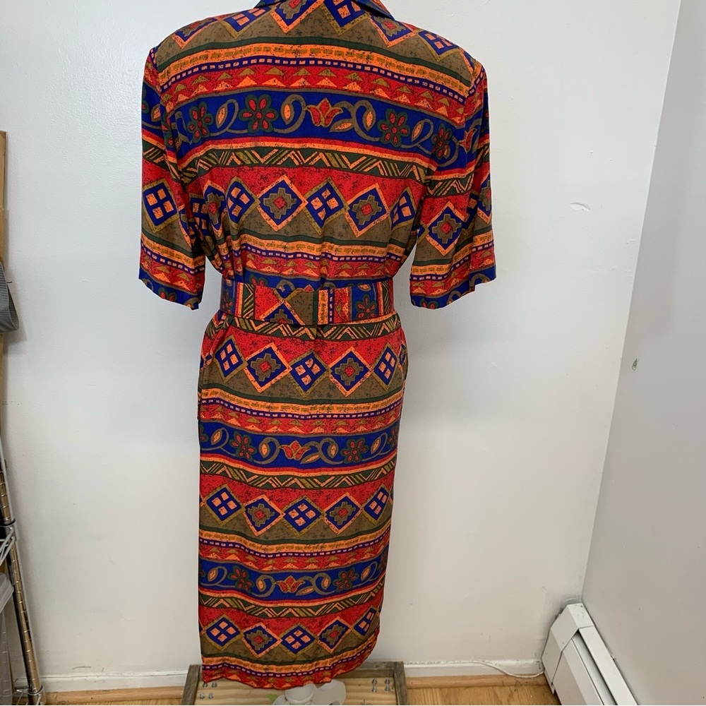 Vintage 90s Silk Dress 10 Button Front Belt Southwest Print Shift Lightweight - Picture 3 of 8